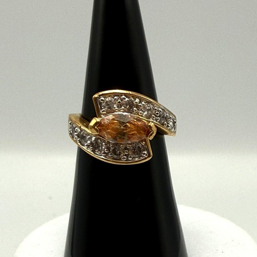 EDCO Gold Tone Champagne Marquise Bypass Ring with Clear Accents Size 6.25